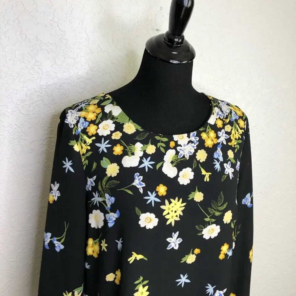 Ann Taylor Factory black yellow white floral long sleeve dress size Medium